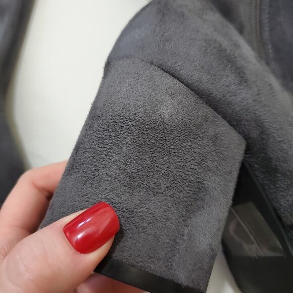 Torrid | Gray Suede Over-The-Knee Back Tie Block Heel Boots - Picture 9 of 14